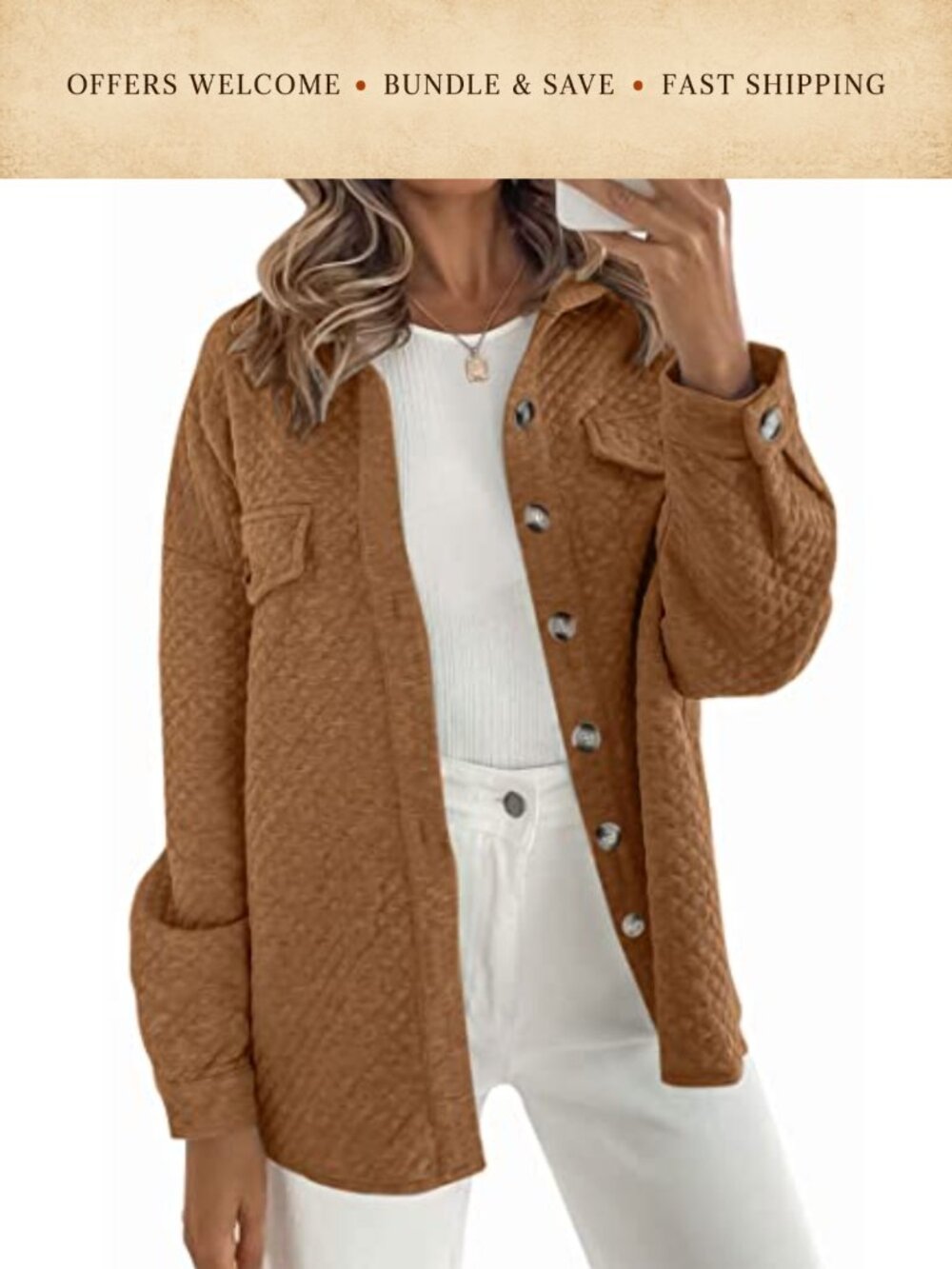 Womens Oversized Button Down Shacket Jacket with Pockets